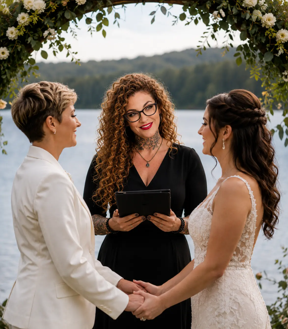 Crystal officiating the Ericson wedding beneath a floral arch by the water