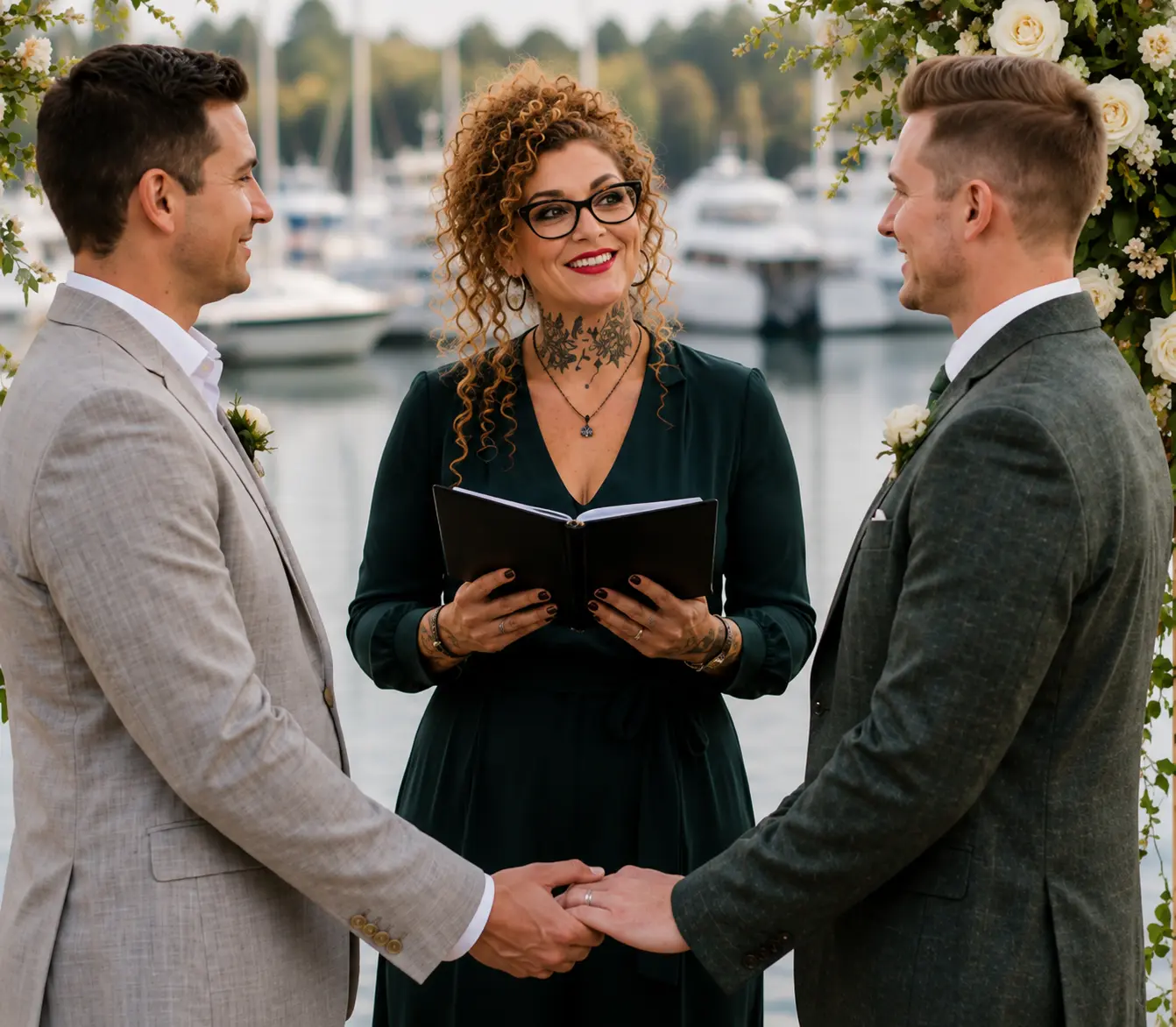 Crystal officiating Fran and Frank's waterfront wedding ceremony