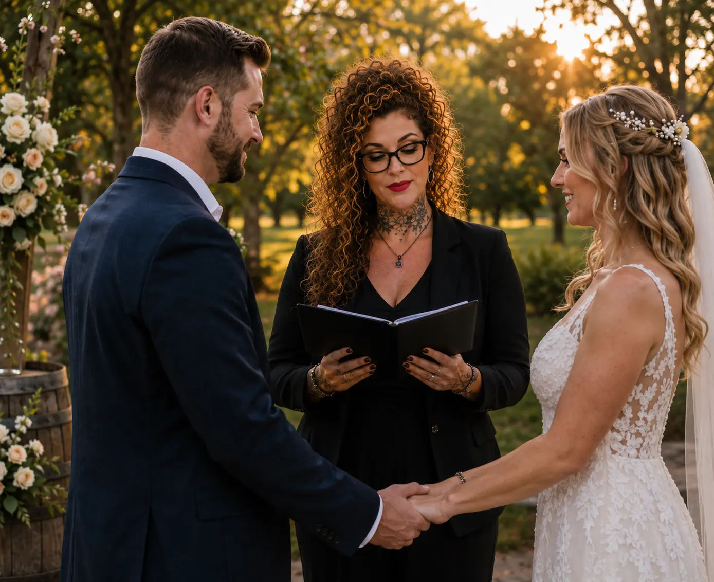 Crystal officiating the Smith wedding outdoors during golden hour